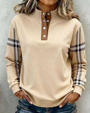 Sweatshirt Col Roulé Bouton Rayé Manches Longues