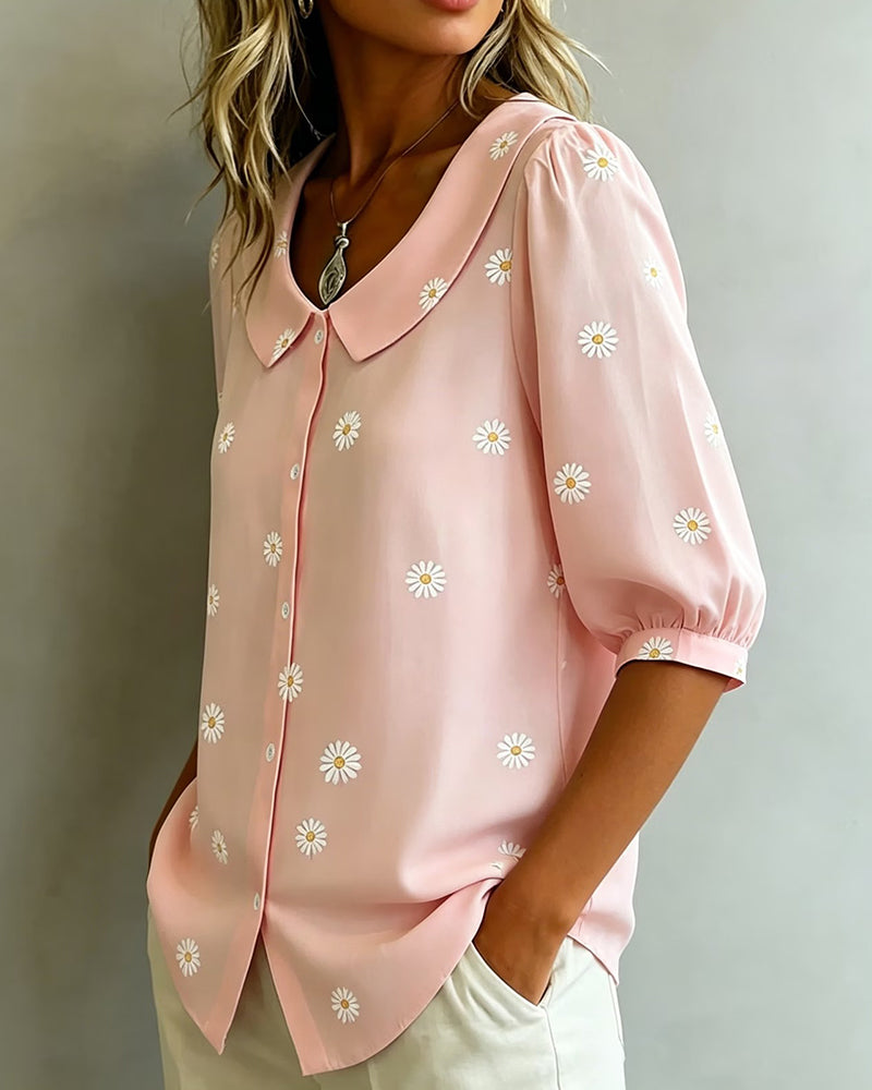 Blouse Décontractée À Fleurs Manches Bouffantes