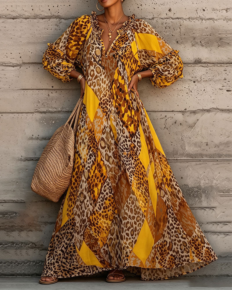 Robe Léopard Bloc De Couleur Volant Col En V