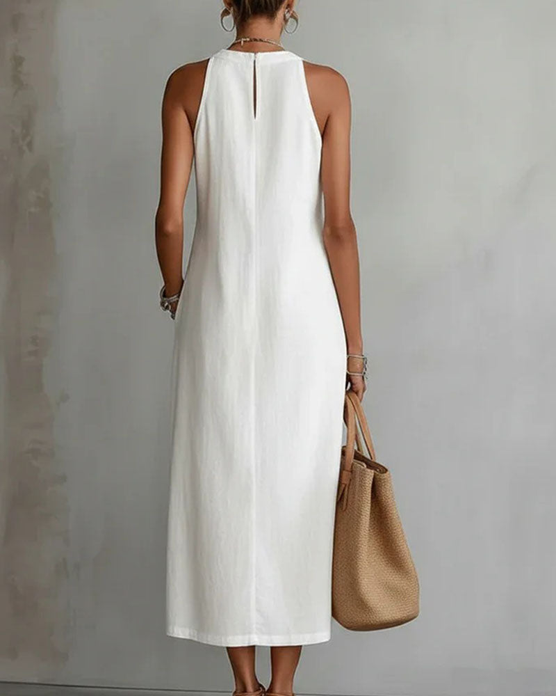 Robe 100% Coton Sans Manches Fente Dentelle Patchwork