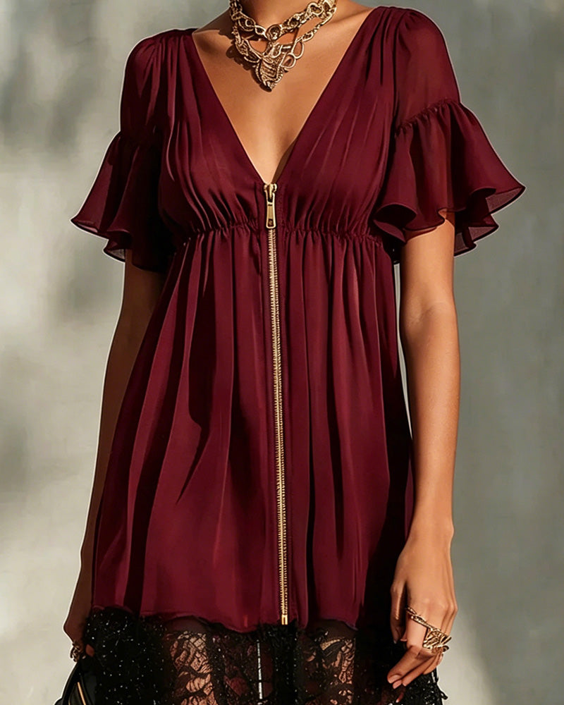Robe Volant Manche Évasée Fermeture Éclair Dentelle