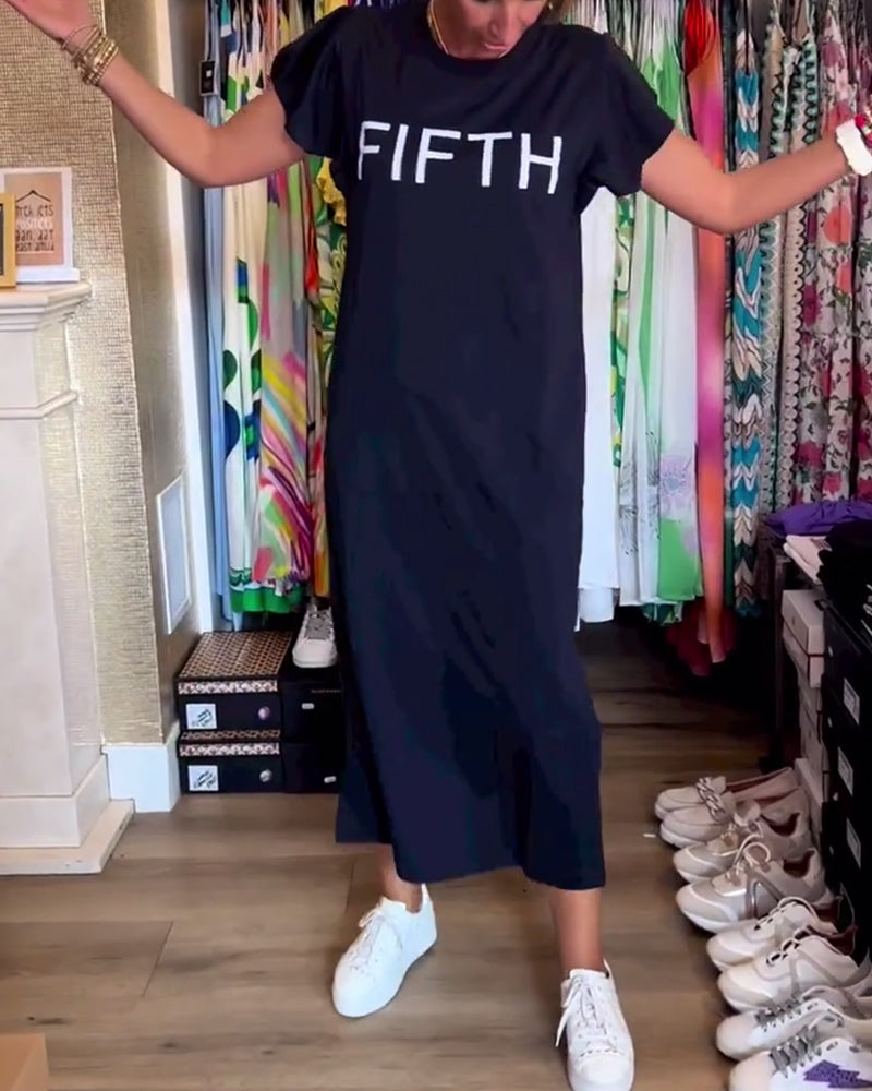 Robe décontractée fendue à manches volantées et imprimé lettre