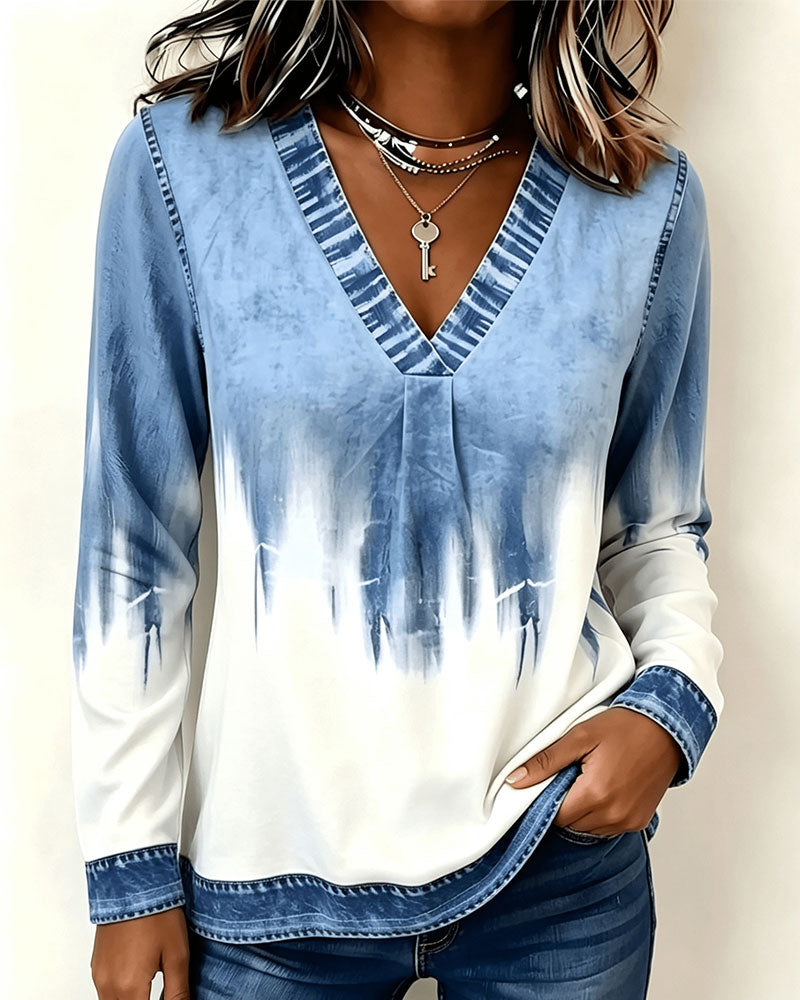 Haut Imprimé Tie-Dye Col V Manches Longues