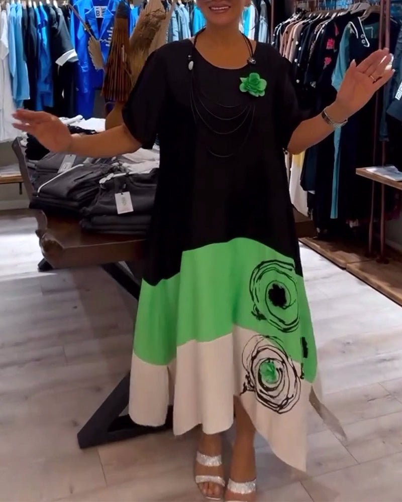 Robe ample à col rond et imprimé patchwork de couleurs
