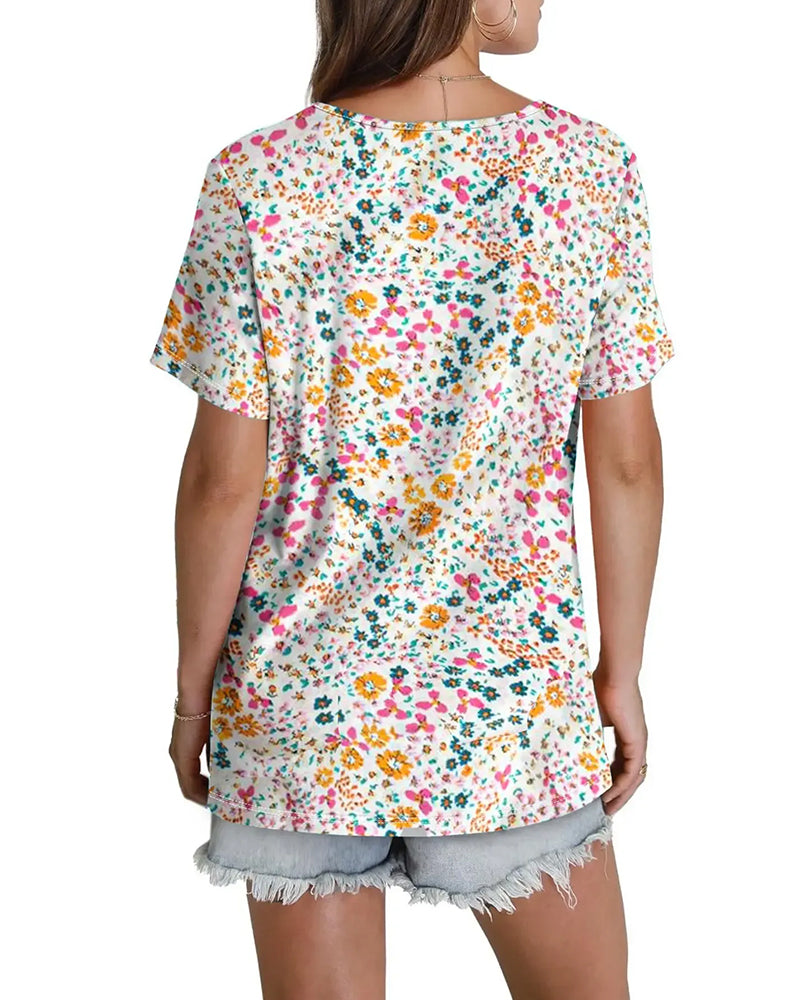 Blouse Fleurie Col V Manches Courtes