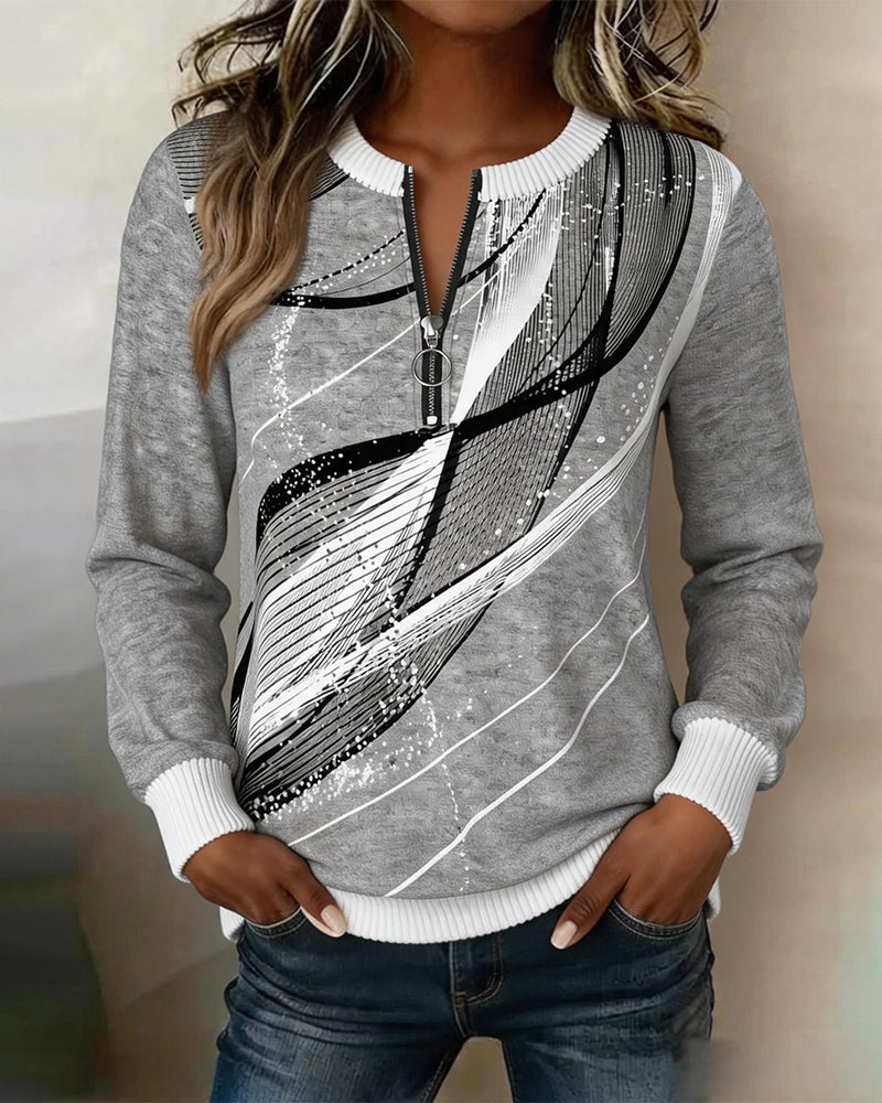 Sweatshirt Col Rond Fermeture Éclair Ligne Manches Longues