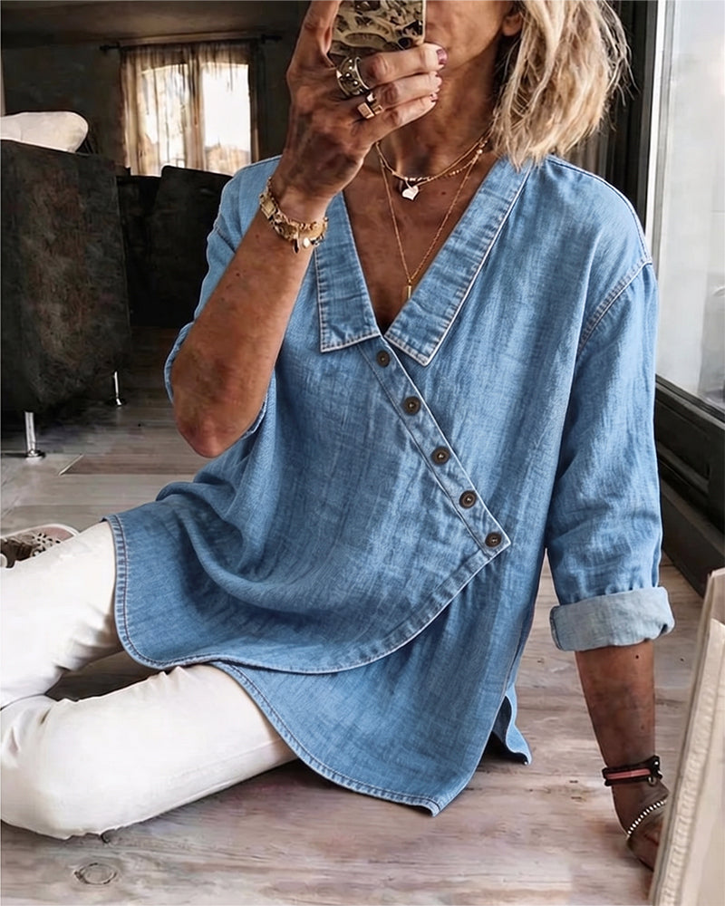 Blouse Unie Bouton Diagonal Col Manches Longues
