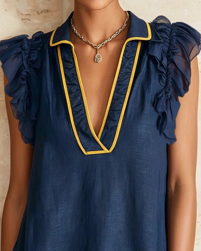 Robe Revers Bloc De Couleur Volant Manche