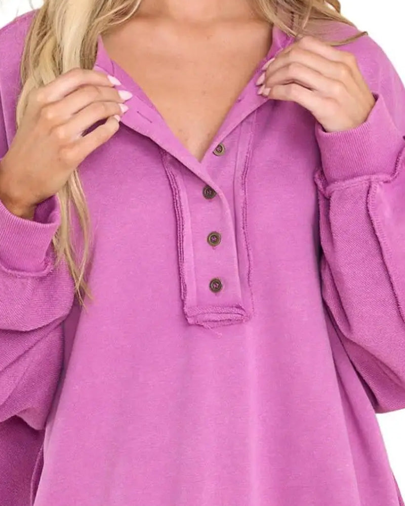 Sweatshirt Bouton Irrégulier Unie Lâche