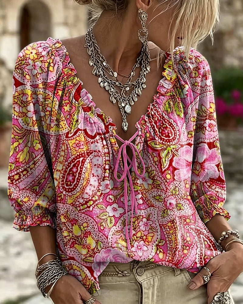 Blouse Col V Cravate Imprimé Manche Ballon