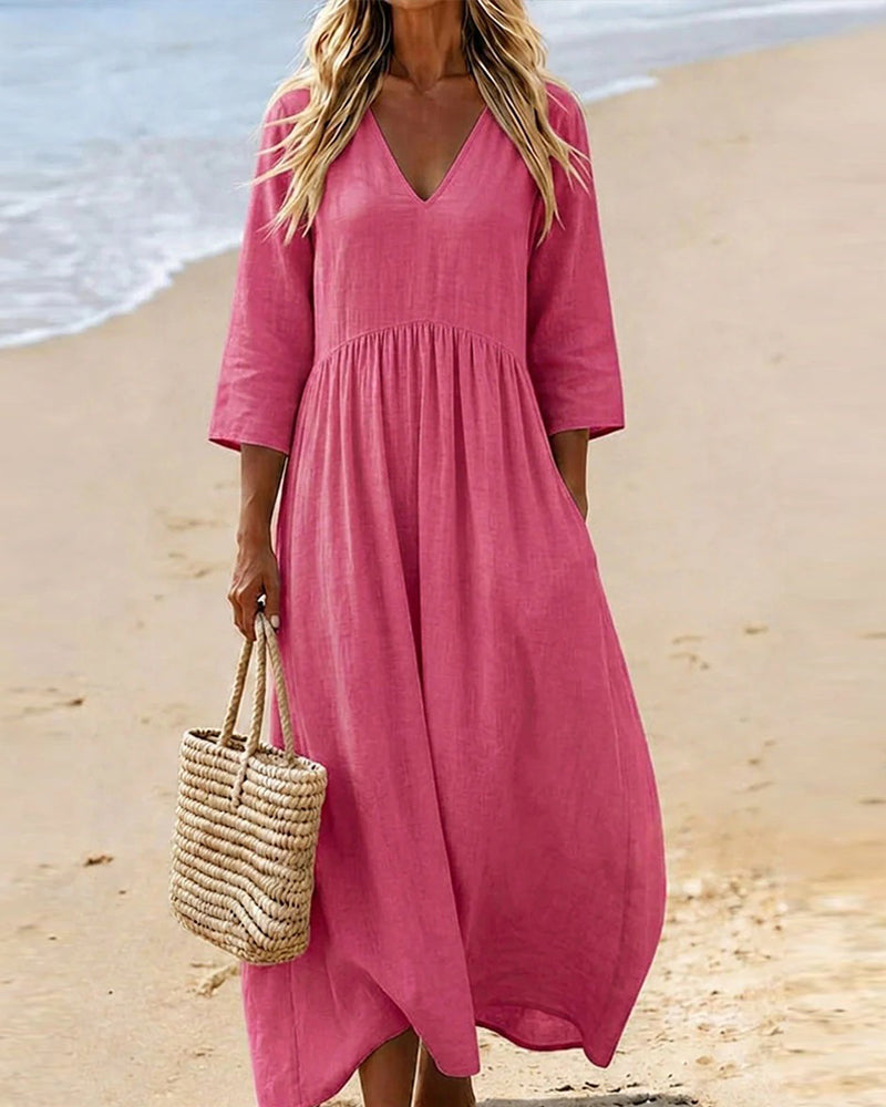 Robe Col En V Manche 3/4 Unie Longue