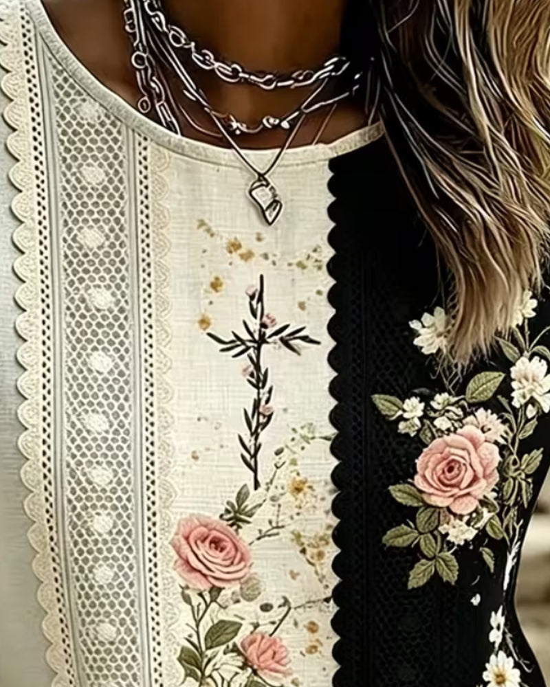 Blouse Contraste Dentelle Rose Imprimé