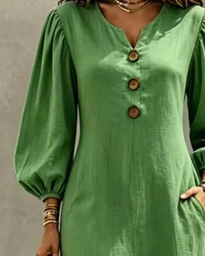 Robe Petit Col En V Bouton Manches Ballon Poche