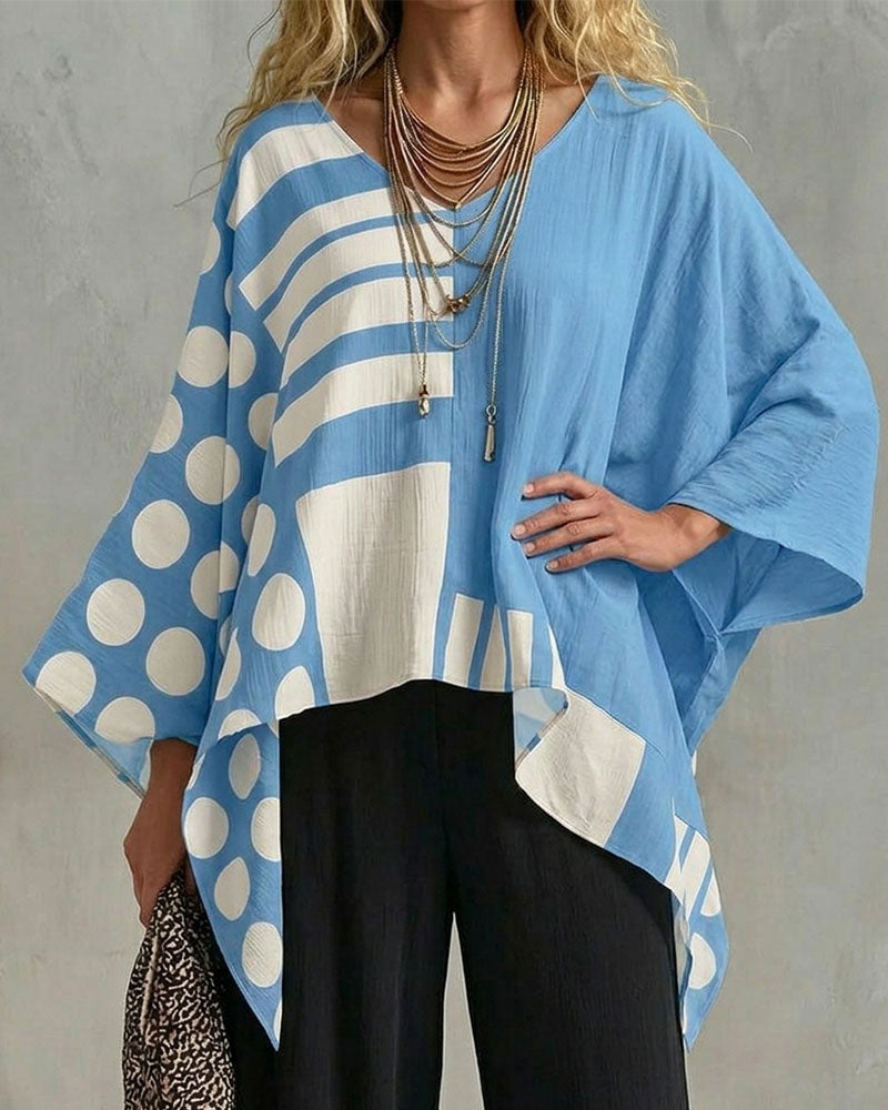 Blouse Polka Dot Rayure Patchwork V Encollure