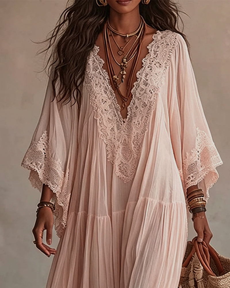 Robe Col V Dentelle Patchwork Unie
