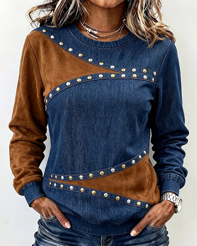 Top Col Rond Denim Spliced Bloc De Couleur