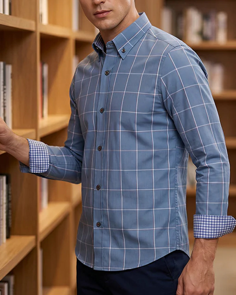 Chemise Bleu Et Blanc Carreau Revers Manche Longue