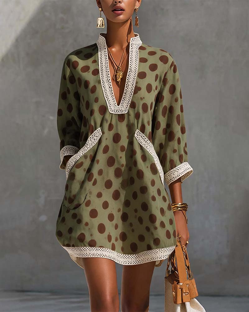 Robe Col V Polka Dot Poche