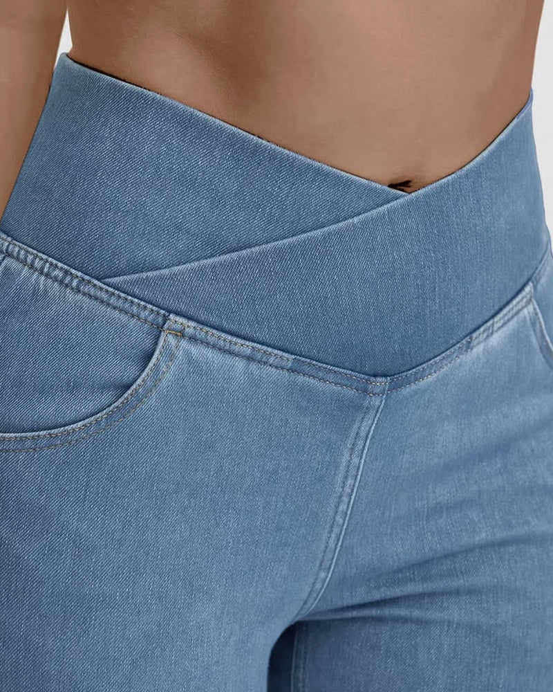 Pantalon Haute Élasticité Mode Poche Évasé
