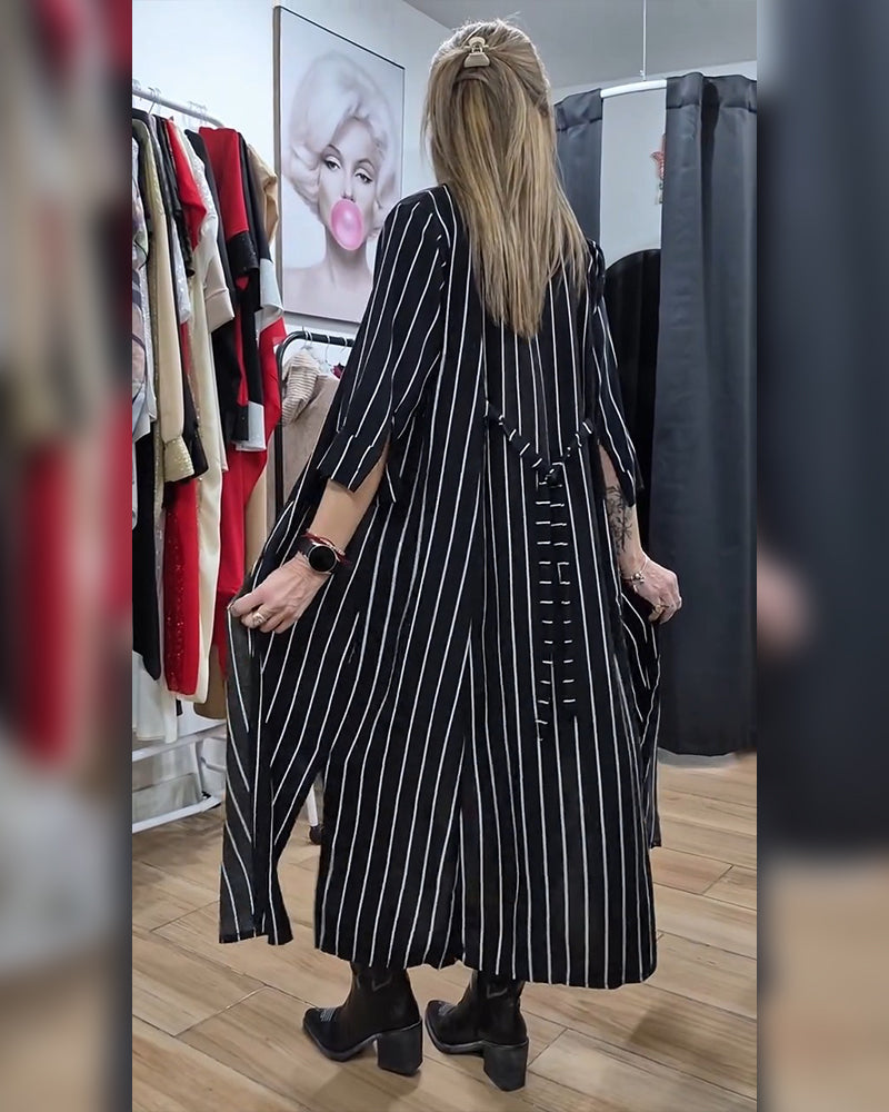 Manteau Chemise Col Bouton Rayé Fente