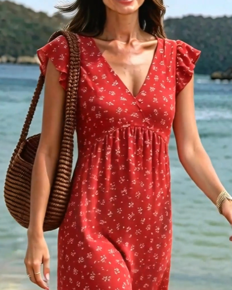 Robe Col V Fleuri Petites Manches Volantes