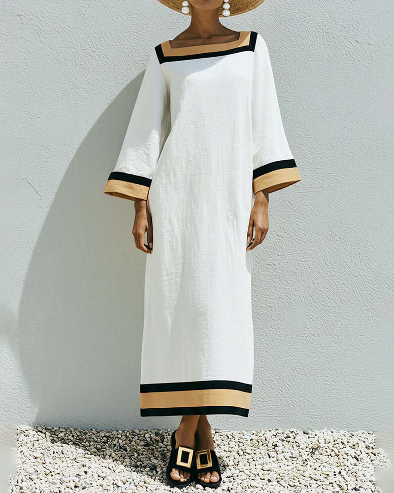 Robe Col Carré Bloc De Couleur Ample Longue