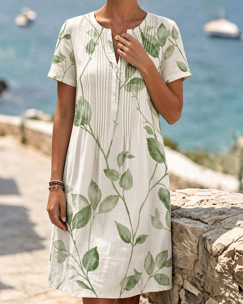 Robe Froncée Imprimé Feuille Manches Courtes Mini