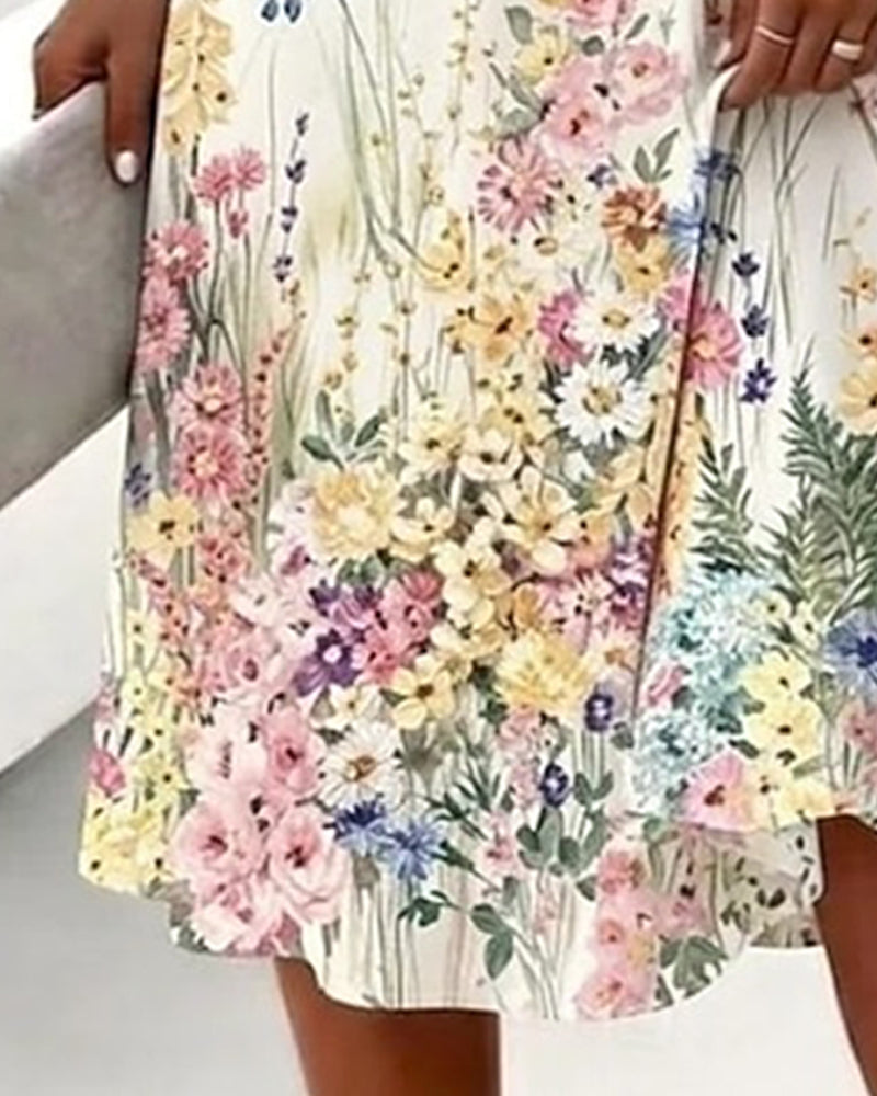 Robe Col V Florale Manche Courte A-Ligne