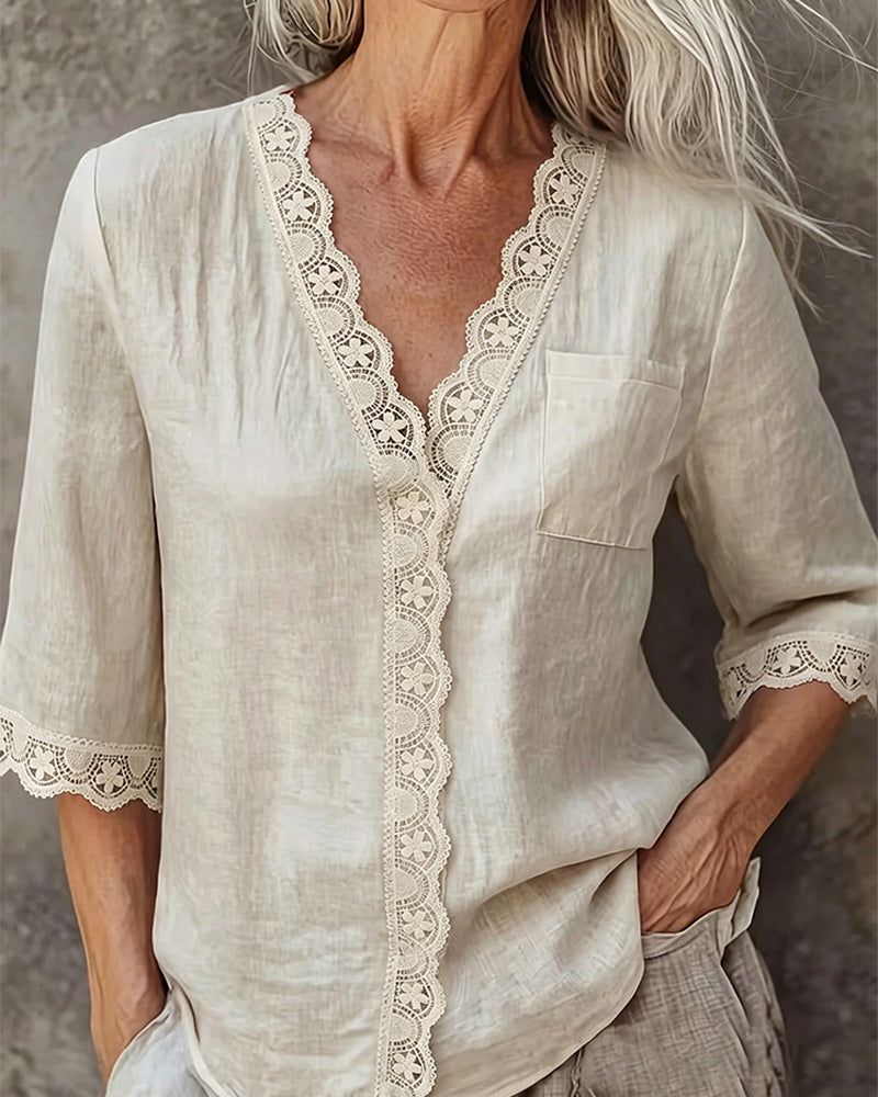 Blouse Col V Dentelle Patchwork Manche 3/4