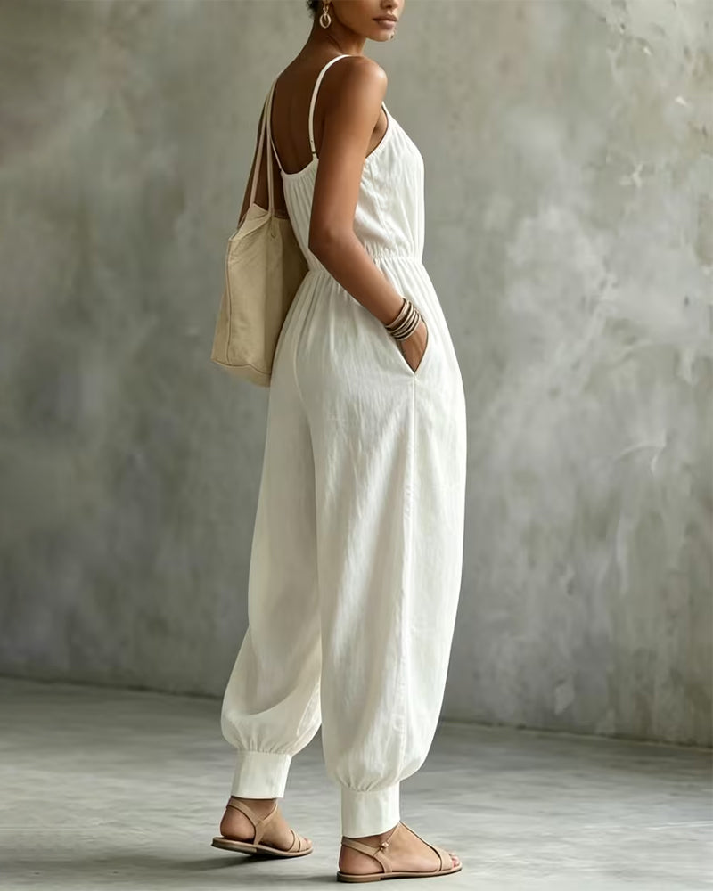 Jumpsuit Bretelle Spaghetti Plissé Cintré Jambe Large