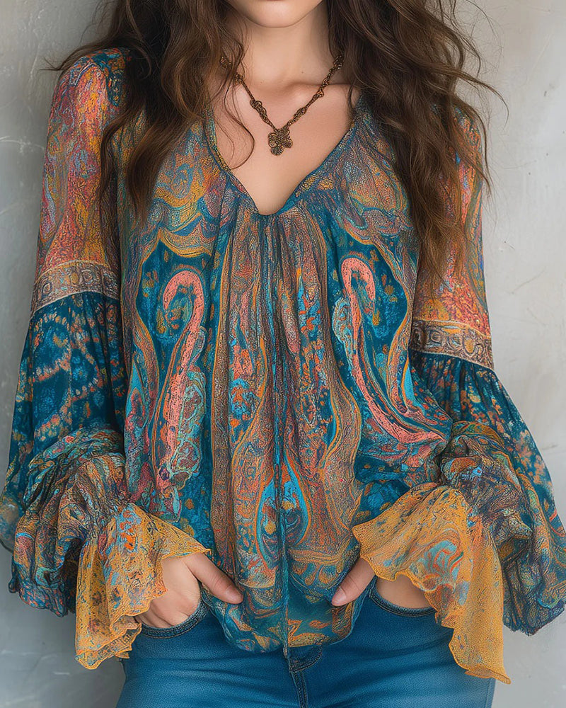 Blouse À Col V De Style Bohème À Manches Évasées