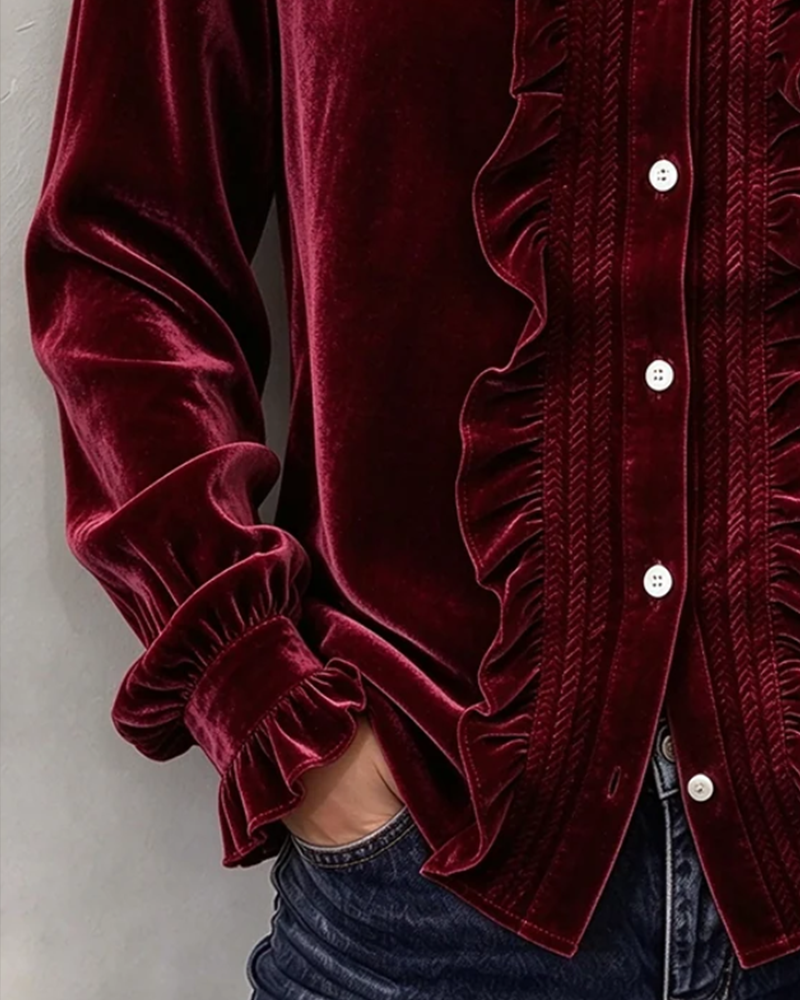 Blouse Velvet Ruffle-Trim V-Neck Manches Longues