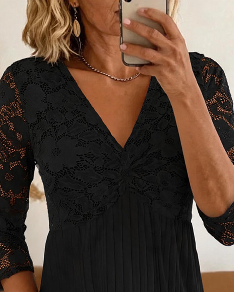 Blouse Décontractée Col En V Dentelle Panneau