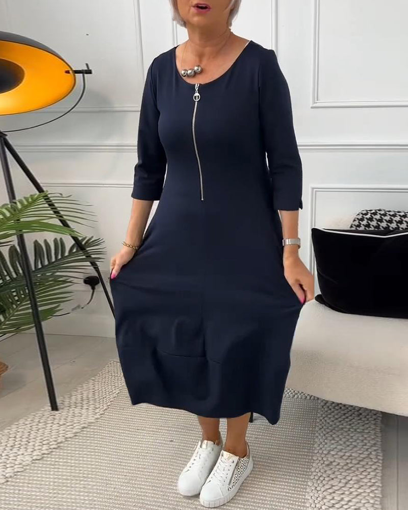 Robe décontractée de couleur unie avec poche zippée et col ras du cou