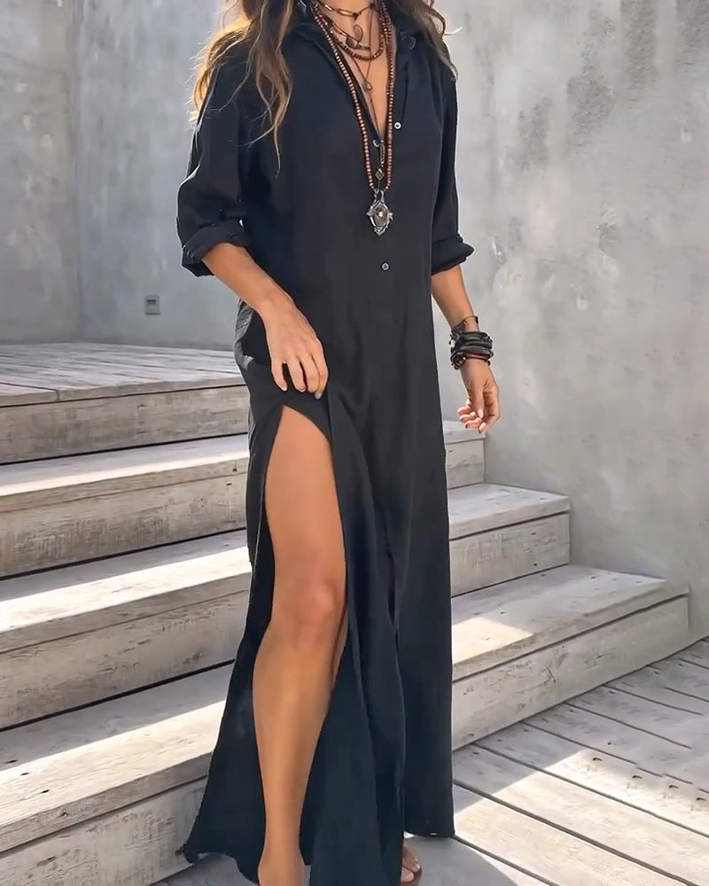 Robe Col Chemise Boutonnage Fente Latérale Unie