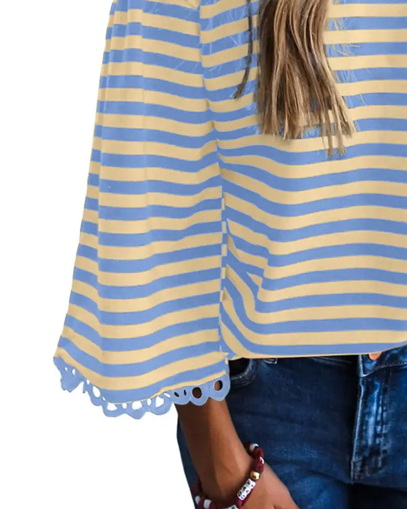 Blouse Col Rond Épaule Tombante Rayure Découpe
