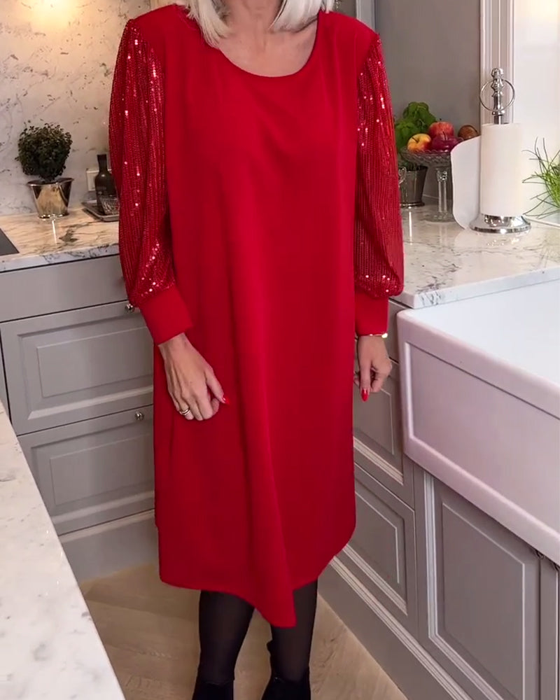 Robe à manches longues en patchwork de sequins de couleur unie à la mode