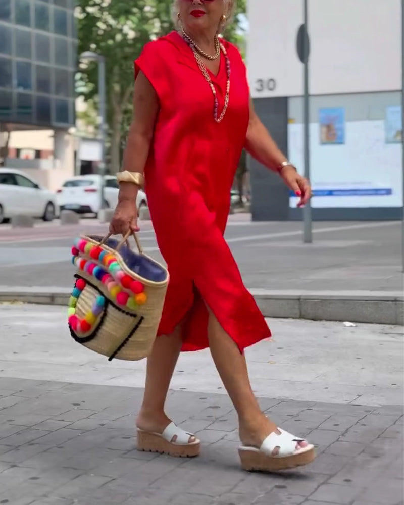 Robe Revers Sans Manches Fente Unie