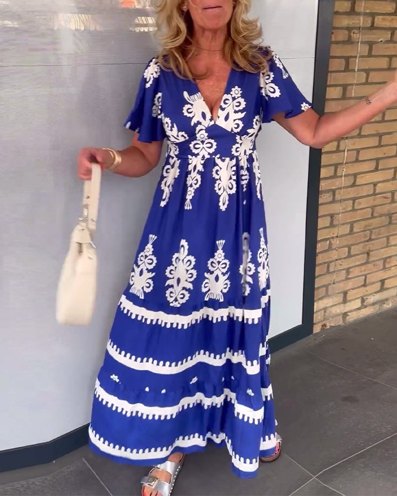 Robe longue élégante à col en V imprimé vintage