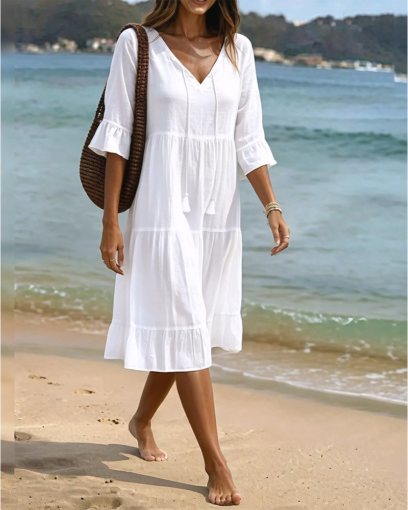 Robe Évasée Demi-Manche Nœud À La Taille