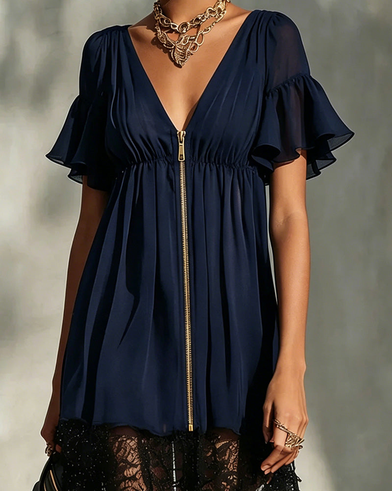 Robe Volant Manche Évasée Fermeture Éclair Dentelle
