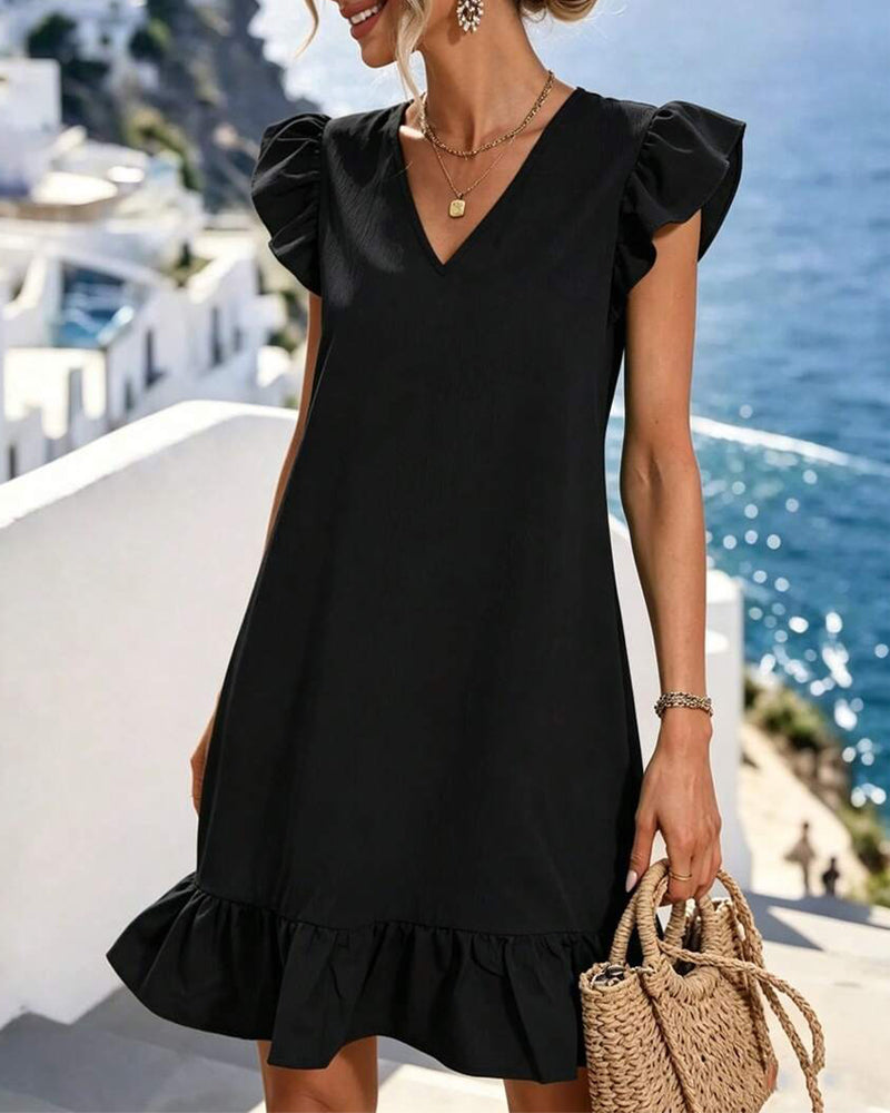 Robes Col V Manche Papillon Volant Court