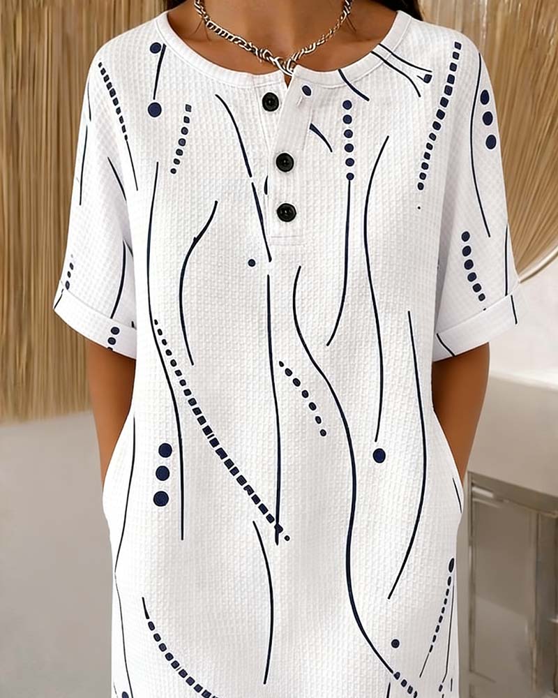 Robe Col Rond Bouton Ligne Gaufré