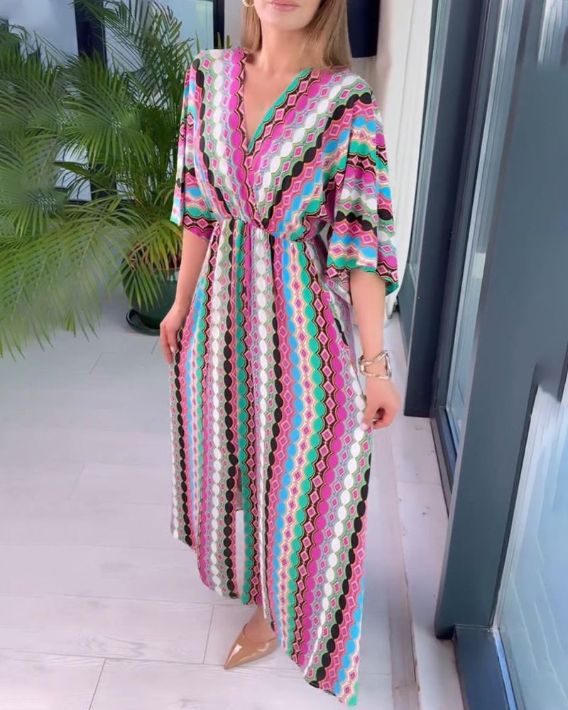 Robe à manches trois-quarts à col en V et imprimé patchwork coloré