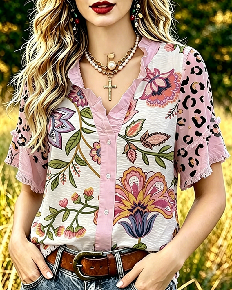 Blouse Col V Contraste Imprimé