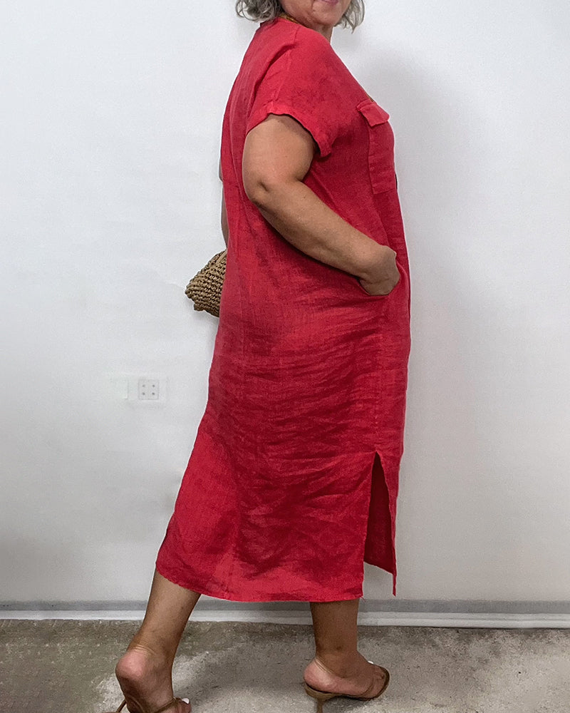 Robe Col V Bouton Poche Unie