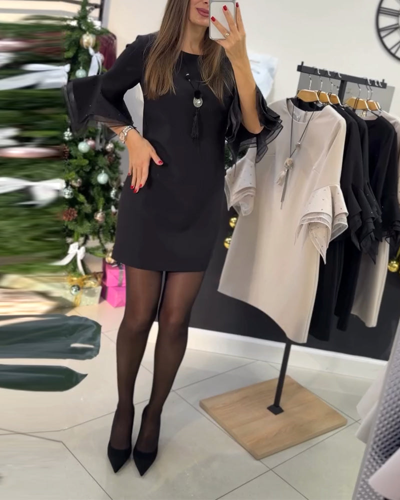 Robe Élégante Manche à Volants Strass Thermo Appliqué Robe Droit