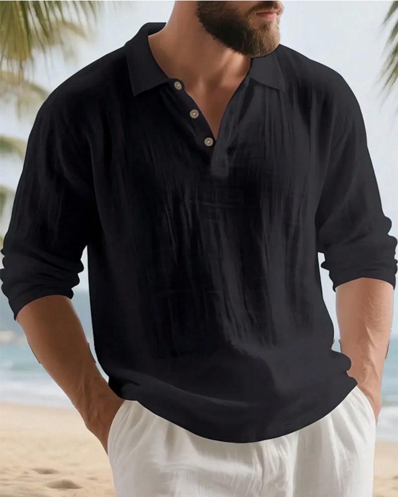Chemise Homme Légère Coupe Ample Lin Manches Longues Polo