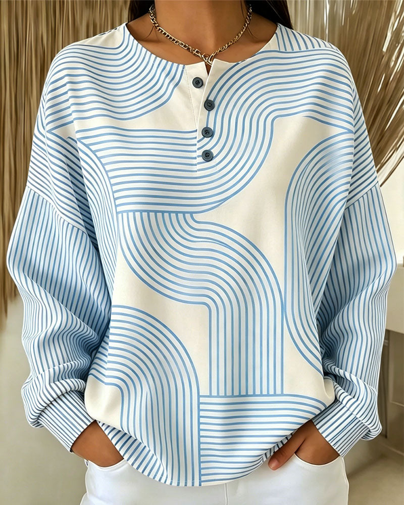 Sweatshirt Col Rond Bouton Rayé Lâche
