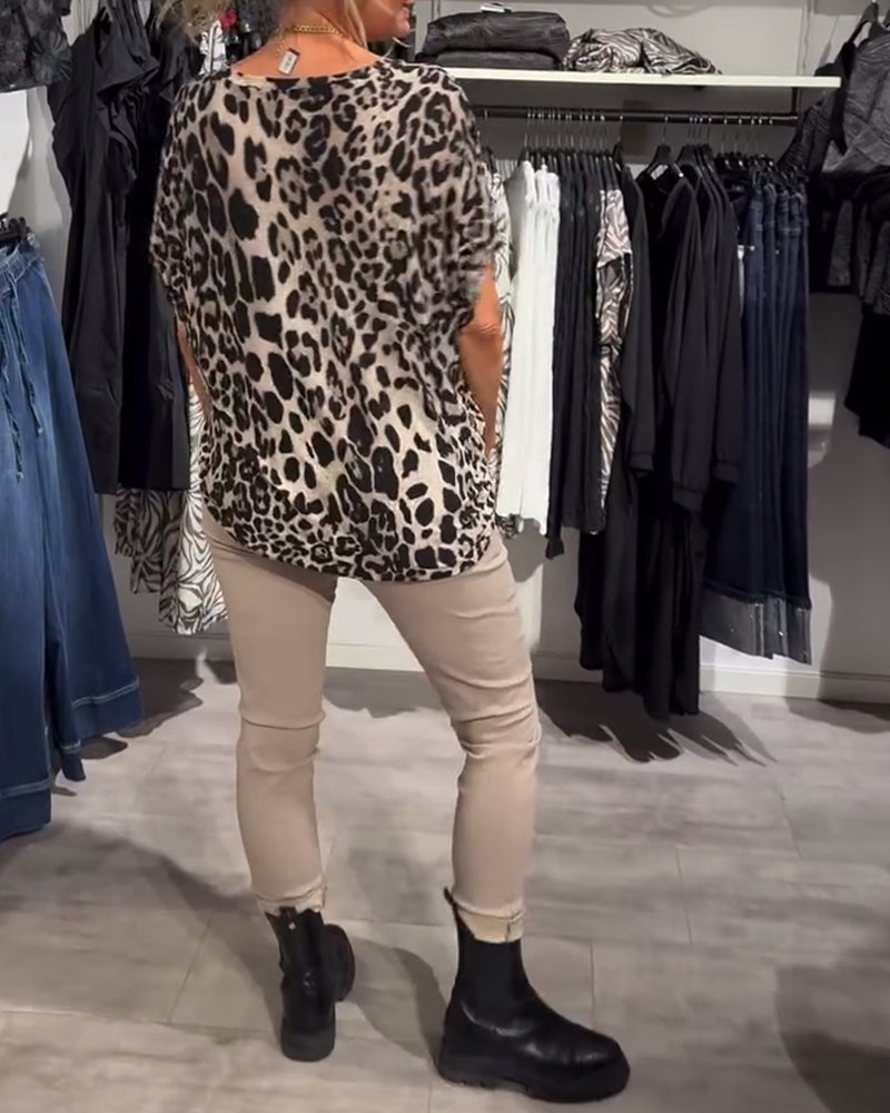 Blouse Col Rond Imprimé Léopard Manches Courtes